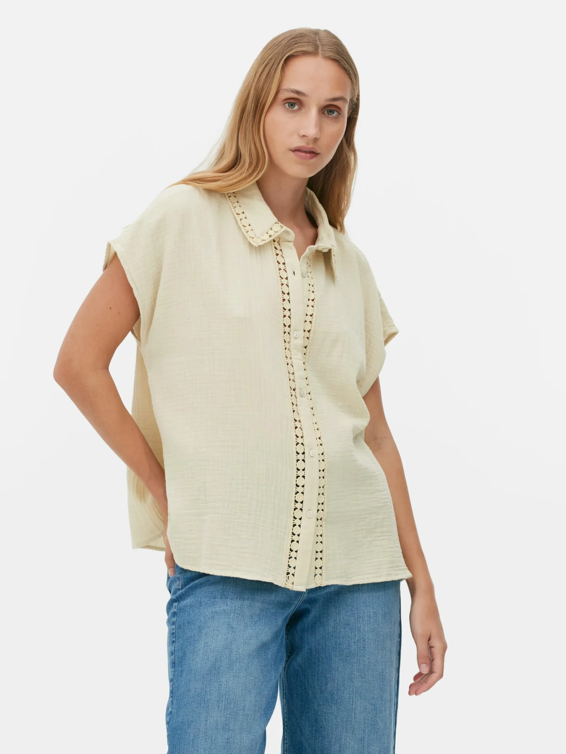 Chemises Et Blouses|Primark Chemisier à Manches Courtes Et Finitions En Crochet Grège