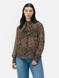 Chemises Et Blouses|Primark Chemisier Boutonné Avec Lien à Nouer Au Col Marron