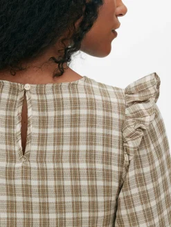 Chemises Et Blouses|Primark Chemisier Froncé à Carreaux Et Manches Longues Grège