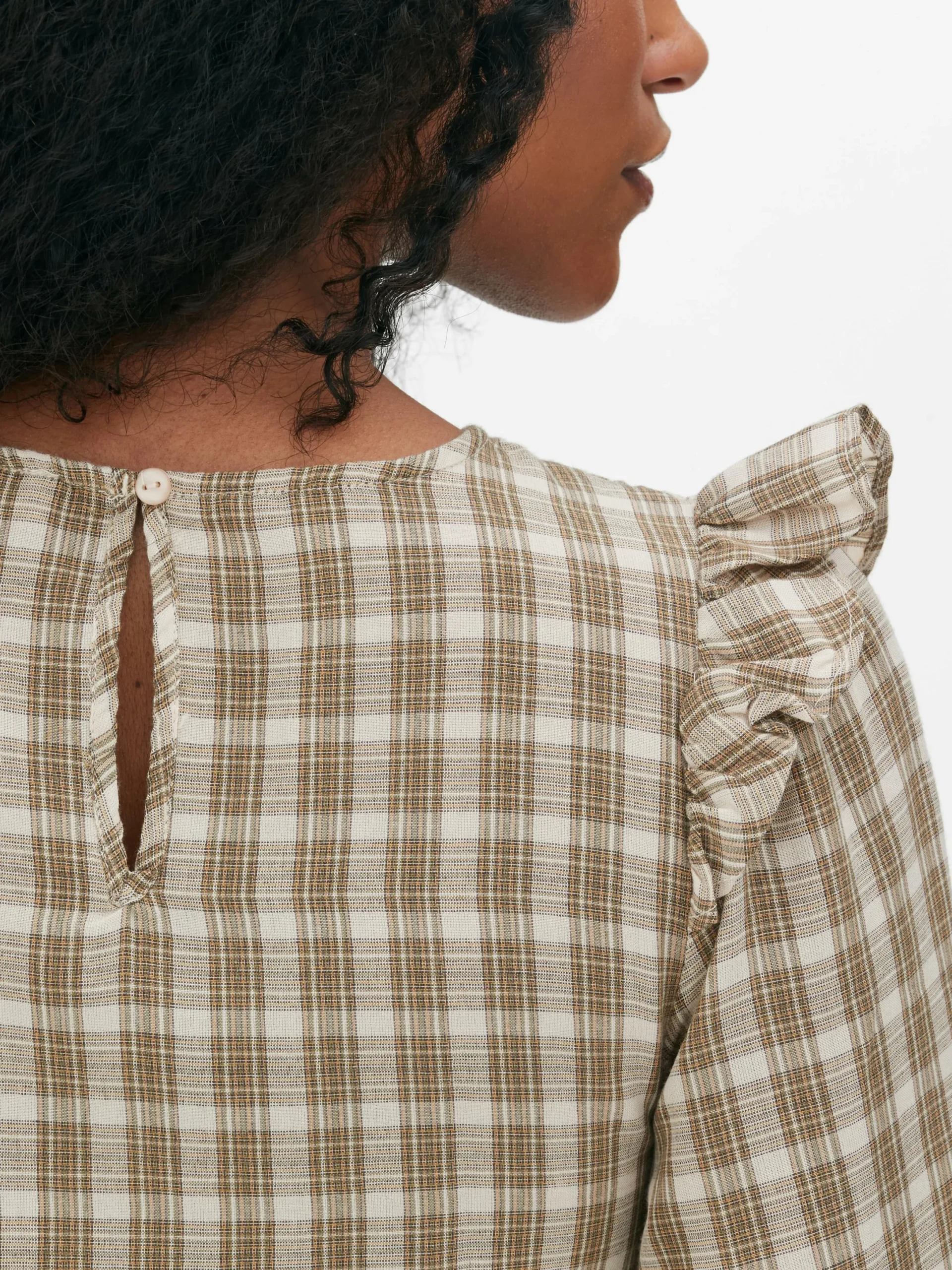 Chemises Et Blouses|Primark Chemisier Froncé à Carreaux Et Manches Longues Grège