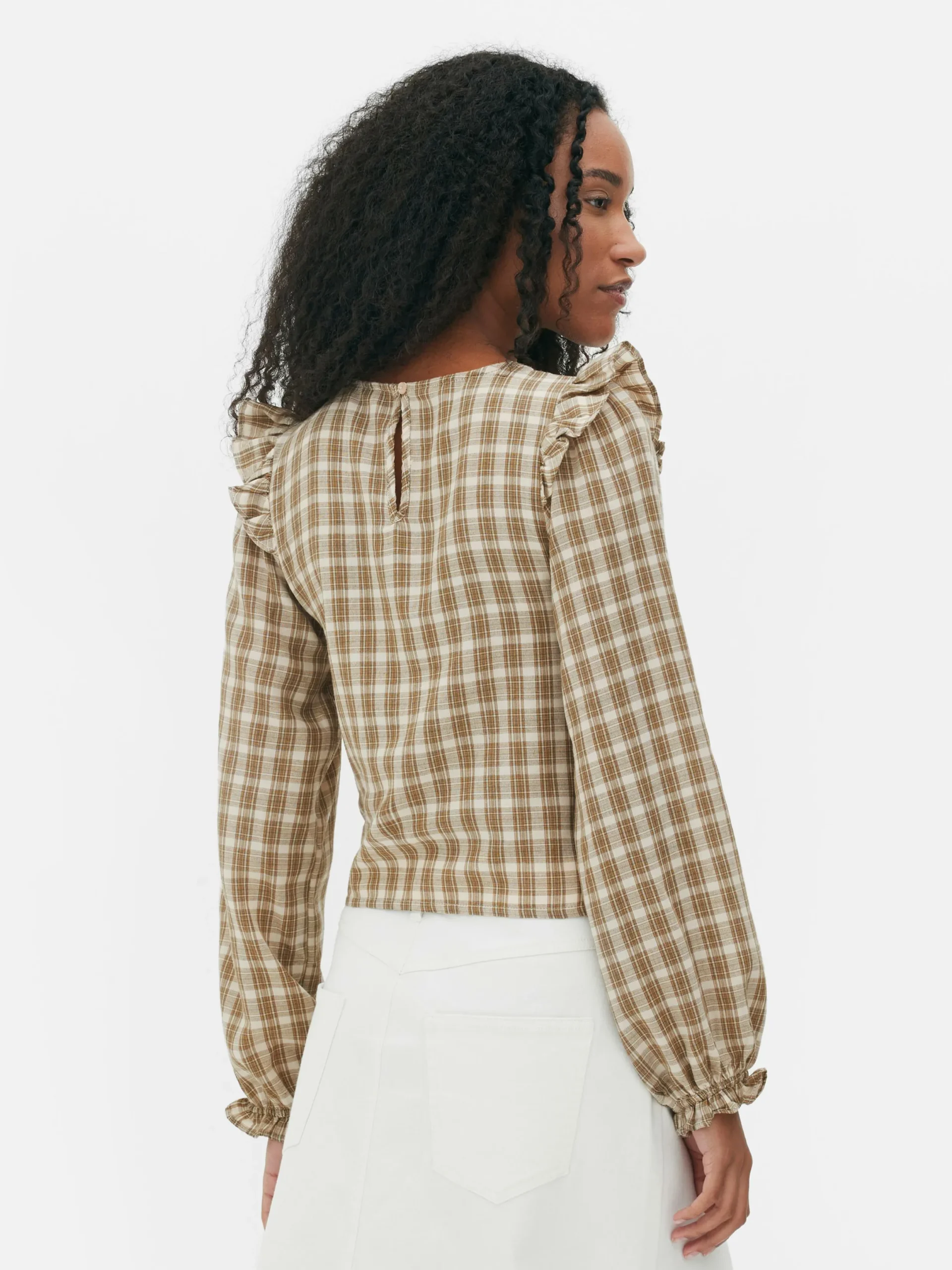 Chemises Et Blouses|Primark Chemisier Froncé à Carreaux Et Manches Longues Grège