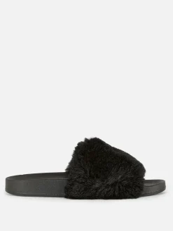 Tongs Et Claquettes|Primark Claquettes En Fausse Fourrure Noir