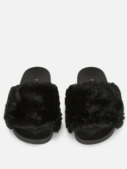 Tongs Et Claquettes|Primark Claquettes En Fausse Fourrure Noir