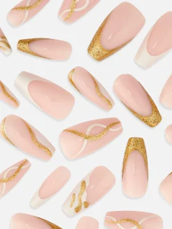 Faux Ongles|Primark Faux Ongles Pointus Glossy à Motif Tourbillons PS... Doré