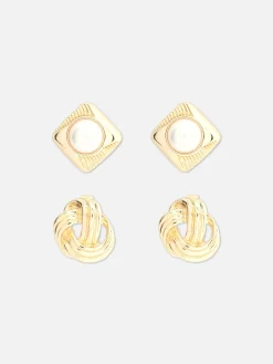 Bijoux|Primark Lot De 2 Clous D'oreilles Nœud Et Fausse Perle Jaune