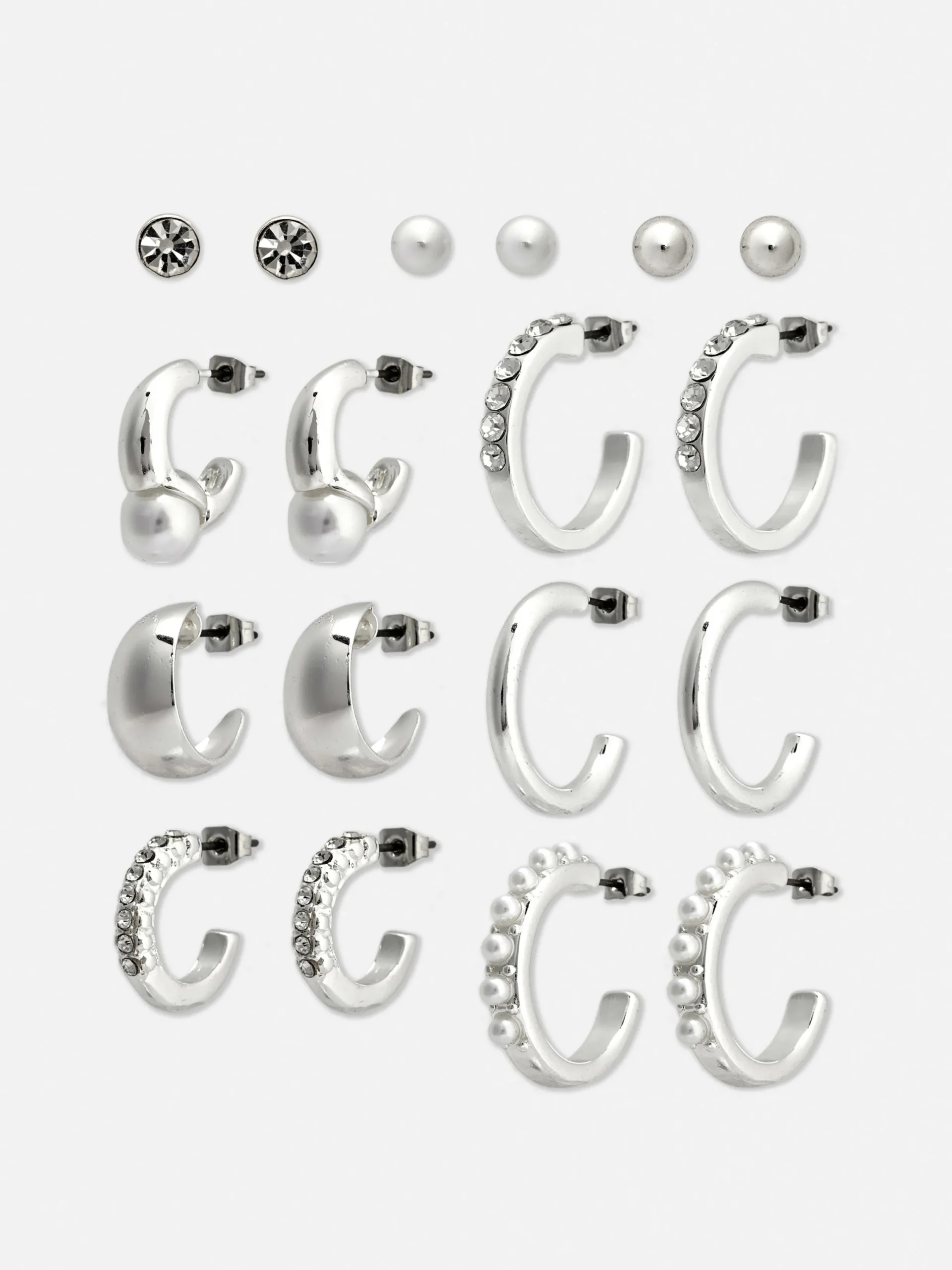 Bijoux|Primark Lot De 9 Paires De Clous D'oreilles Et Créoles Blanc