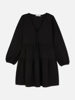 Robes|Primark Mini Robe à Smocks Avec Col En V Et Liens à Nouer Noir