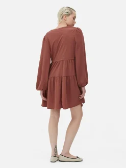 Robes|Primark Mini Robe à Smocks Avec Col En V Et Liens à Nouer Rose poudré