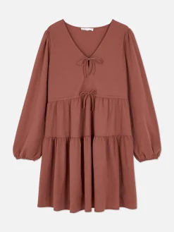 Robes|Primark Mini Robe à Smocks Avec Col En V Et Liens à Nouer Rose poudré