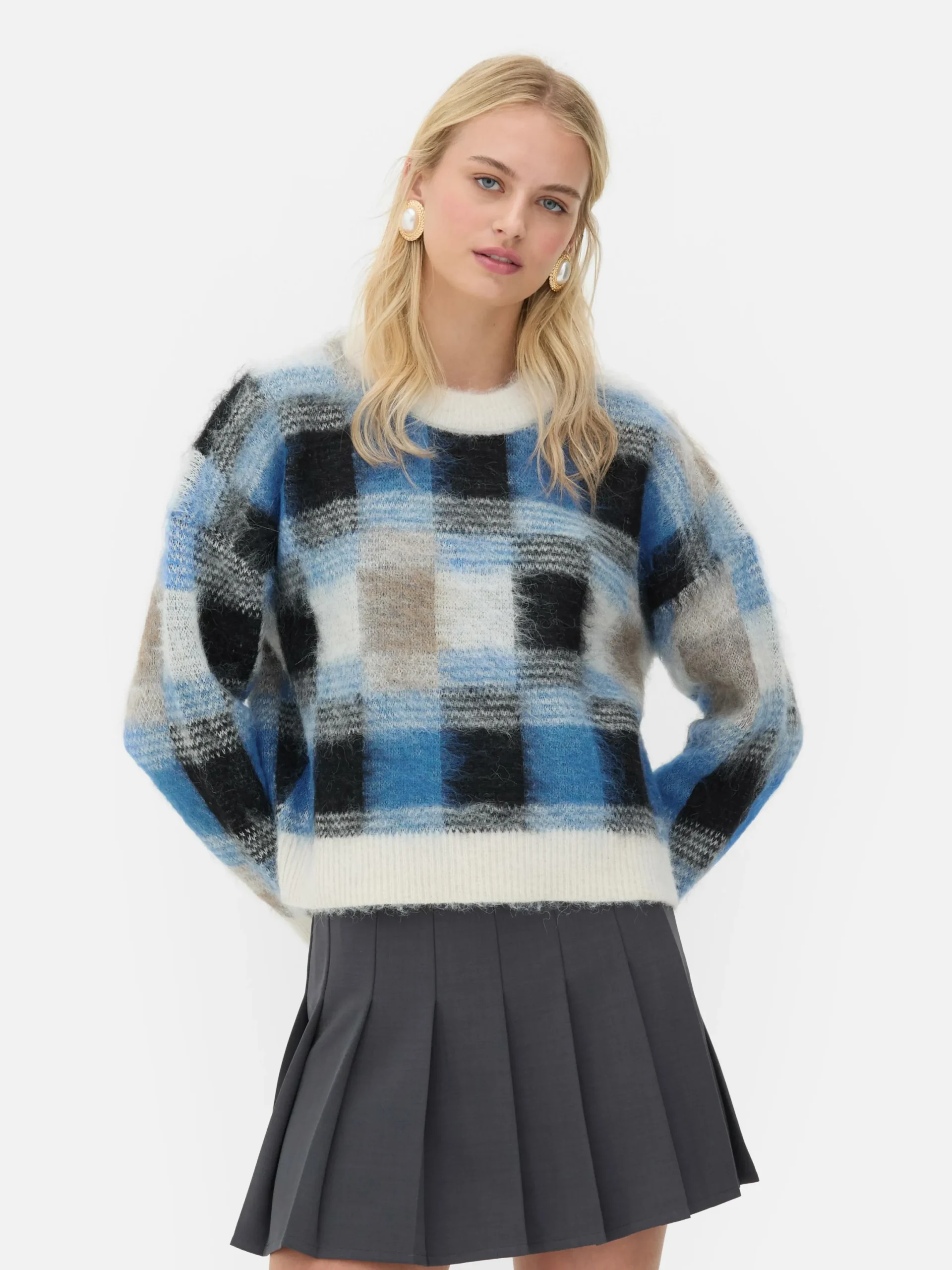 Pulls Et Gilets|Primark Pull Brossé à Carreaux Rita Ora Bleu marine