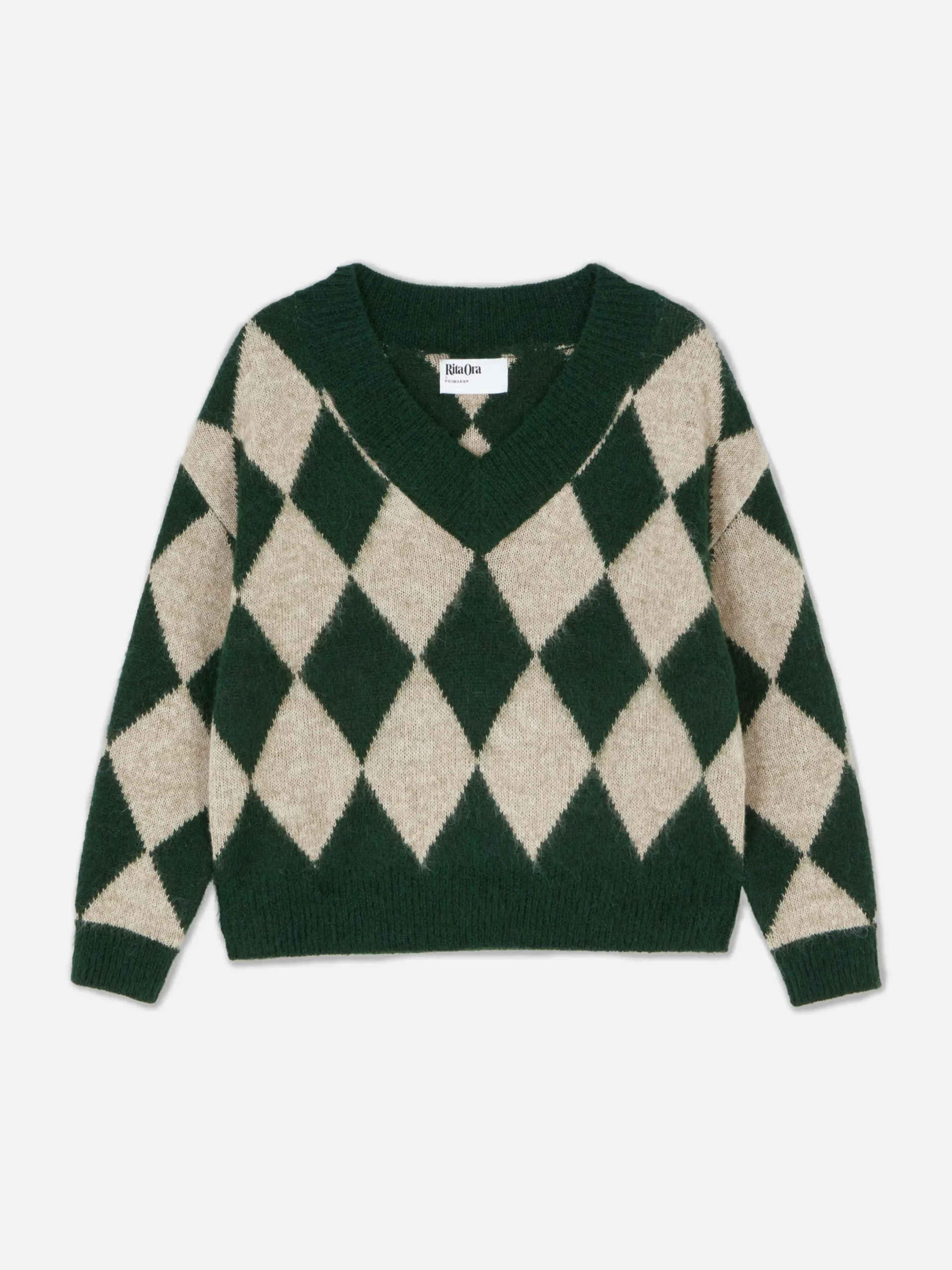 Pulls Et Gilets|Primark Pull En Maille à Col En V Et Motif Losanges Rita Ora Vert foncé