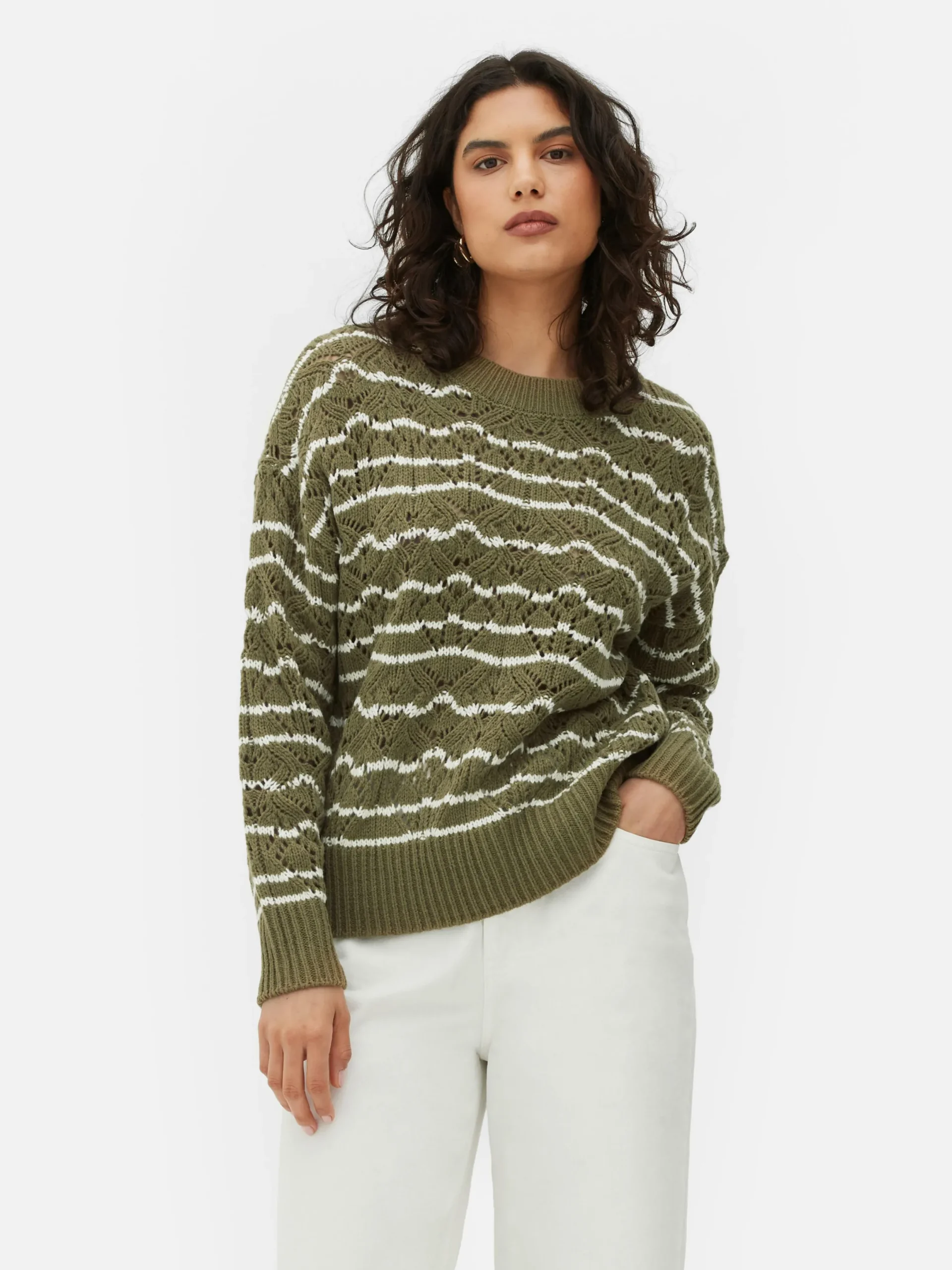 Pulls Et Gilets|Primark Pull En Maille Ajourée à Col Ras-du-cou Kaki