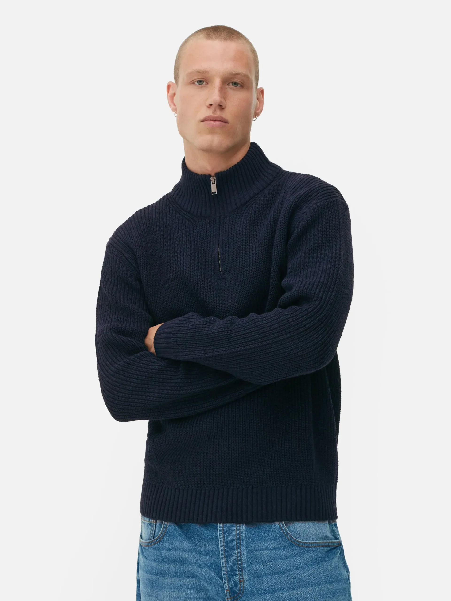 Pulls Et Gilets|Primark Pull En Maille Côtelée à Col Zippé Bleu marine