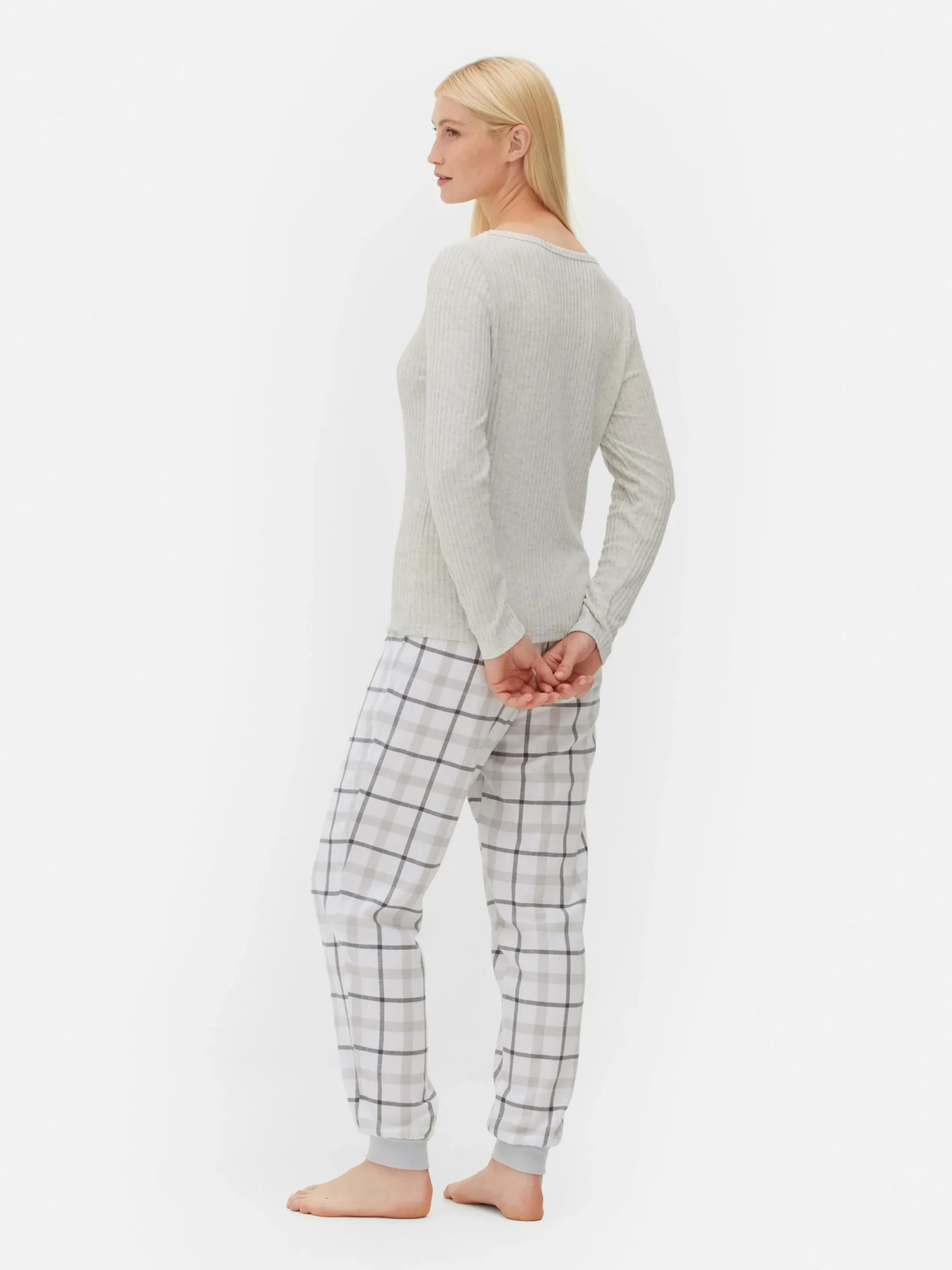 Ensembles Pyjamas|Primark Pyjama à Manches Longues Avec Bas à Carreaux Gris