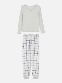 Ensembles Pyjamas|Primark Pyjama à Manches Longues Avec Bas à Carreaux Gris