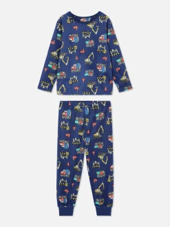 Pyjamas Et Vêtements De Nuit|Primark Pyjama Long En Velours à Motif Chantier Bleu marine