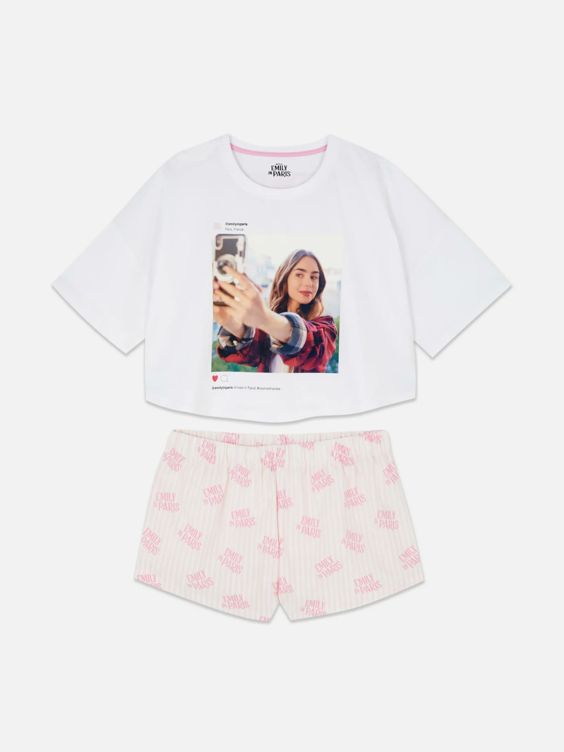 Ensembles Pyjamas|Primark Pyjama T-shirt Court Et Shorty Emily In Paris Blanc