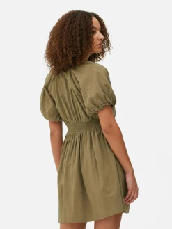 Robes|Primark Robe à Smocks, Manches Bouffantes Et Col En V Kaki