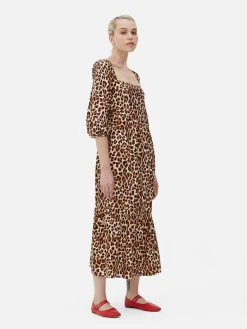 Robes|Primark Robe Mi-longue à Motif Léopard Et à Encolure Carrée Beige