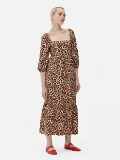 Robes|Primark Robe Mi-longue à Motif Léopard Et à Encolure Carrée Beige