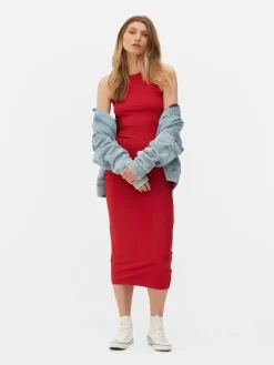 Robes|Primark Robe Mi-longue Côtelée à Dos Nageur Rouge