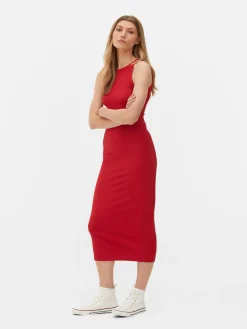 Robes|Primark Robe Mi-longue Côtelée à Dos Nageur Rouge