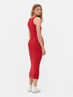 Robes|Primark Robe Mi-longue Côtelée à Dos Nageur Rouge