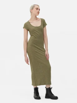 Robes|Primark Robe Mi-longue Côtelée Et Décolletée Kaki