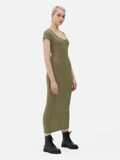 Robes|Primark Robe Mi-longue Côtelée Et Décolletée Kaki