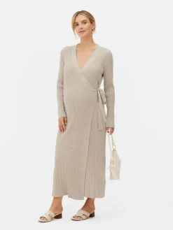 Robes|Primark Robe Portefeuille De Maternité Mi-longue En Maille Beige