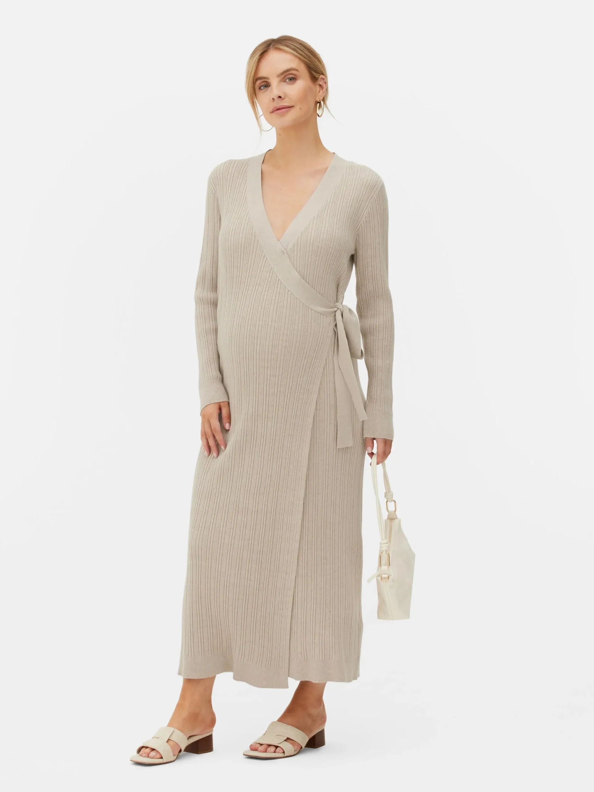 Robes|Primark Robe Portefeuille De Maternité Mi-longue En Maille Beige