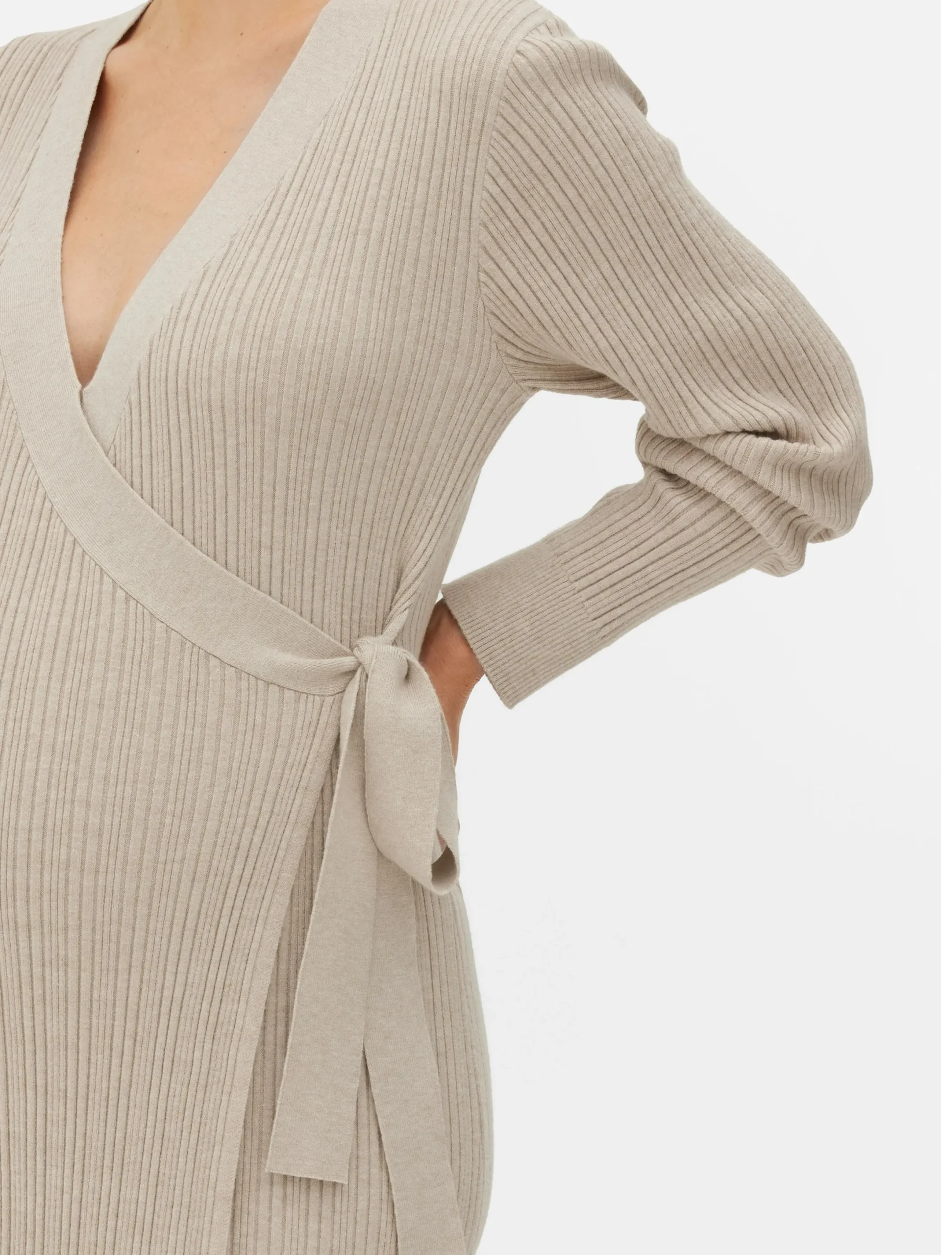 Robes|Primark Robe Portefeuille De Maternité Mi-longue En Maille Beige