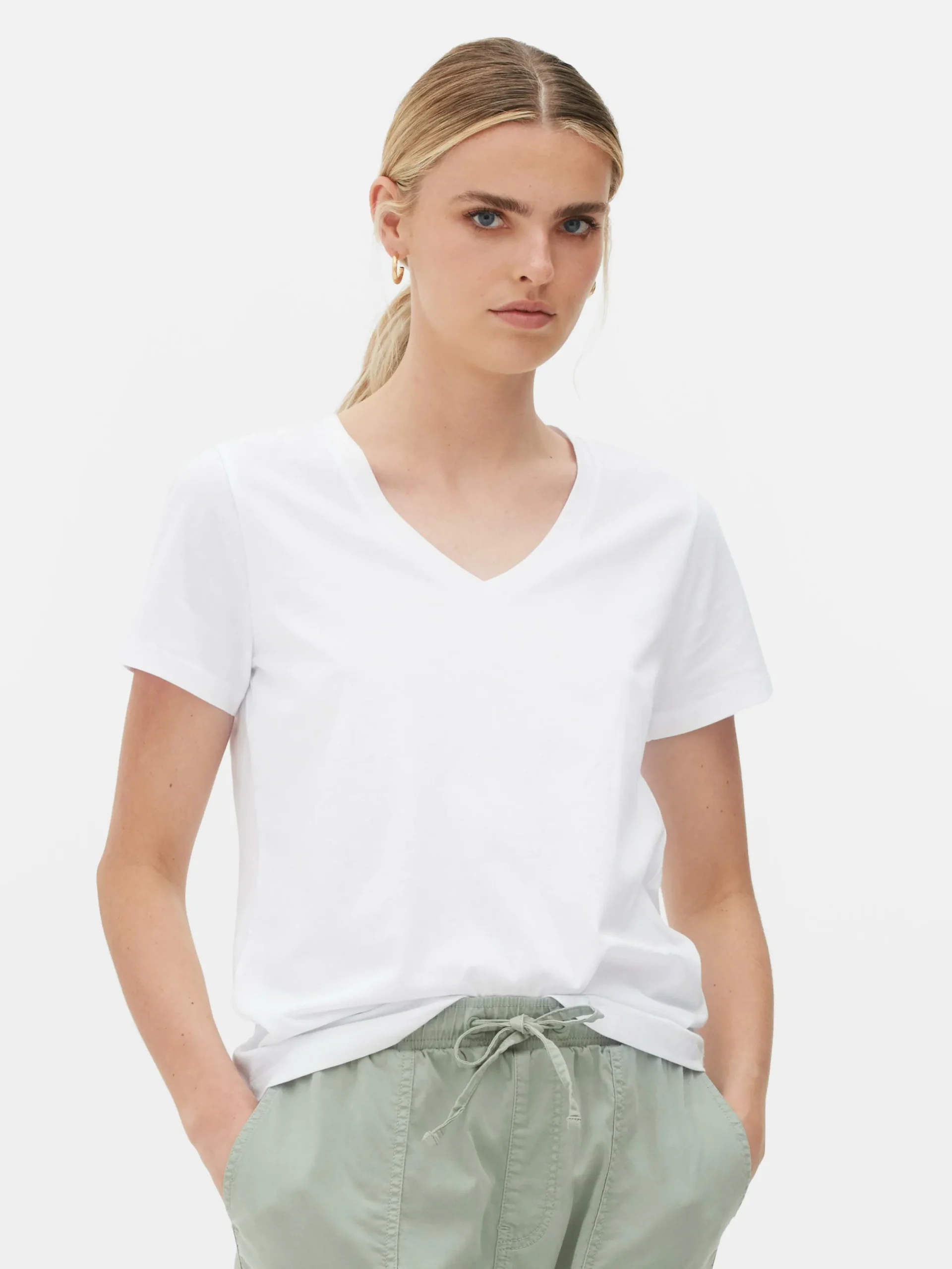Hauts Et T-Shirts|Primark T-shirt à Col En V Et Manches Courtes Blanc