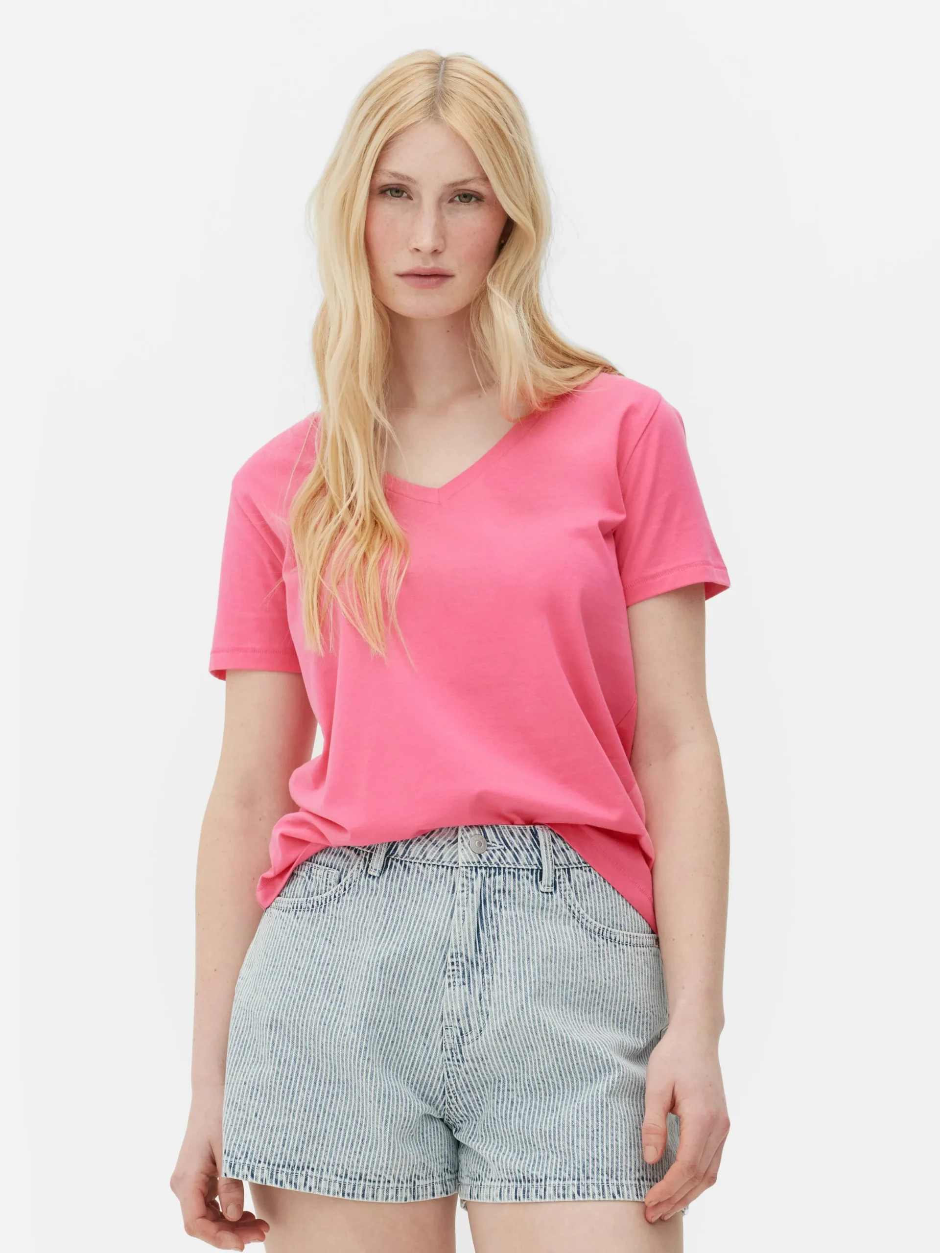 Hauts Et T-Shirts|Primark T-shirt à Col En V Et Manches Courtes Rose vif