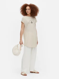 Hauts Et T-Shirts|Primark T-shirt Long Imprimé à Manches Courtes Naturel