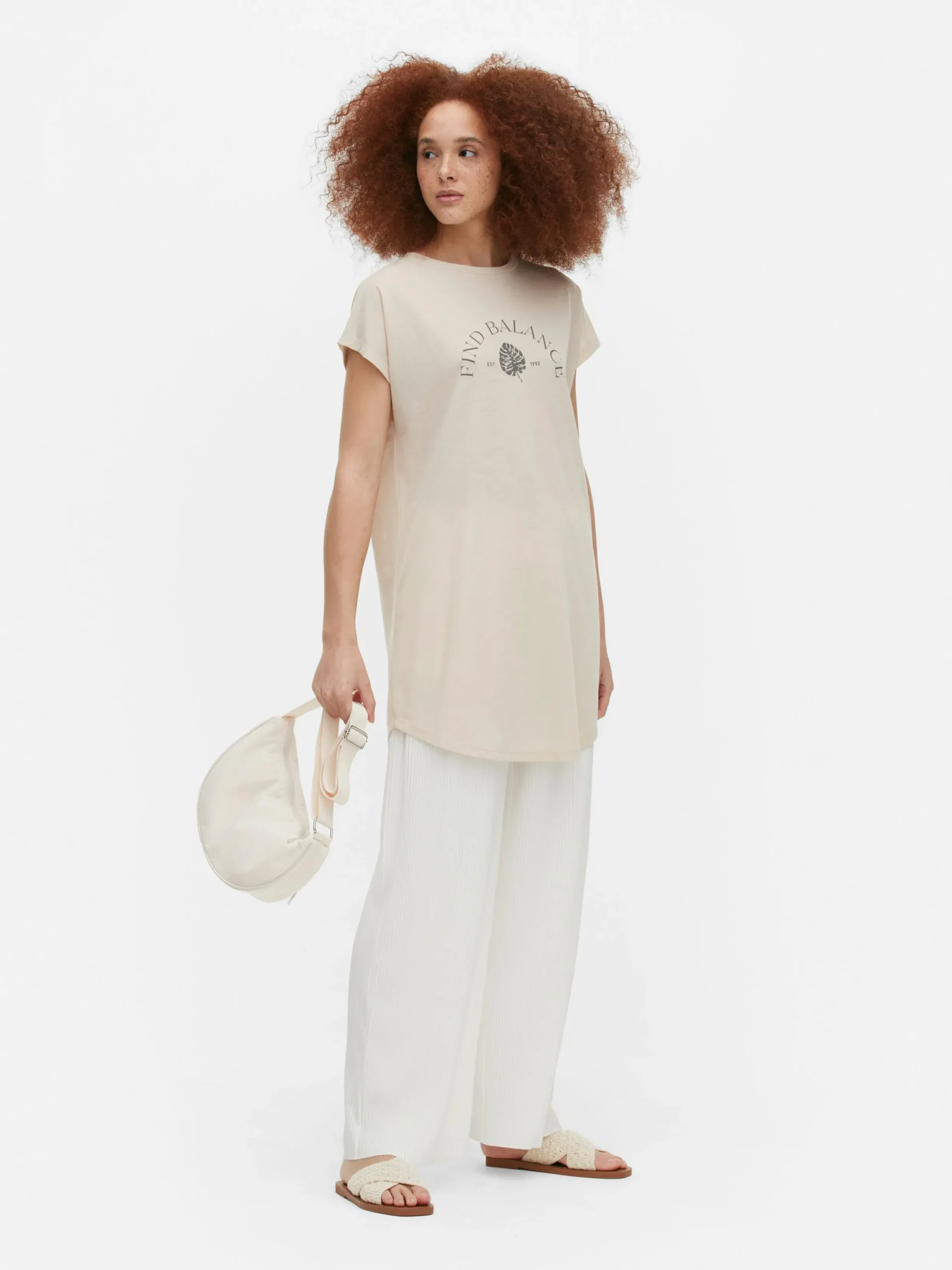Hauts Et T-Shirts|Primark T-shirt Long Imprimé à Manches Courtes Naturel