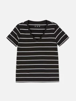 Hauts Et T-Shirts|Primark T-shirt Rayé à Col En V Noir/Blanc