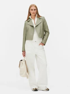 Manteaux Et Vestes|Primark Veste Motard En Simili Cuir Essential Vert clair